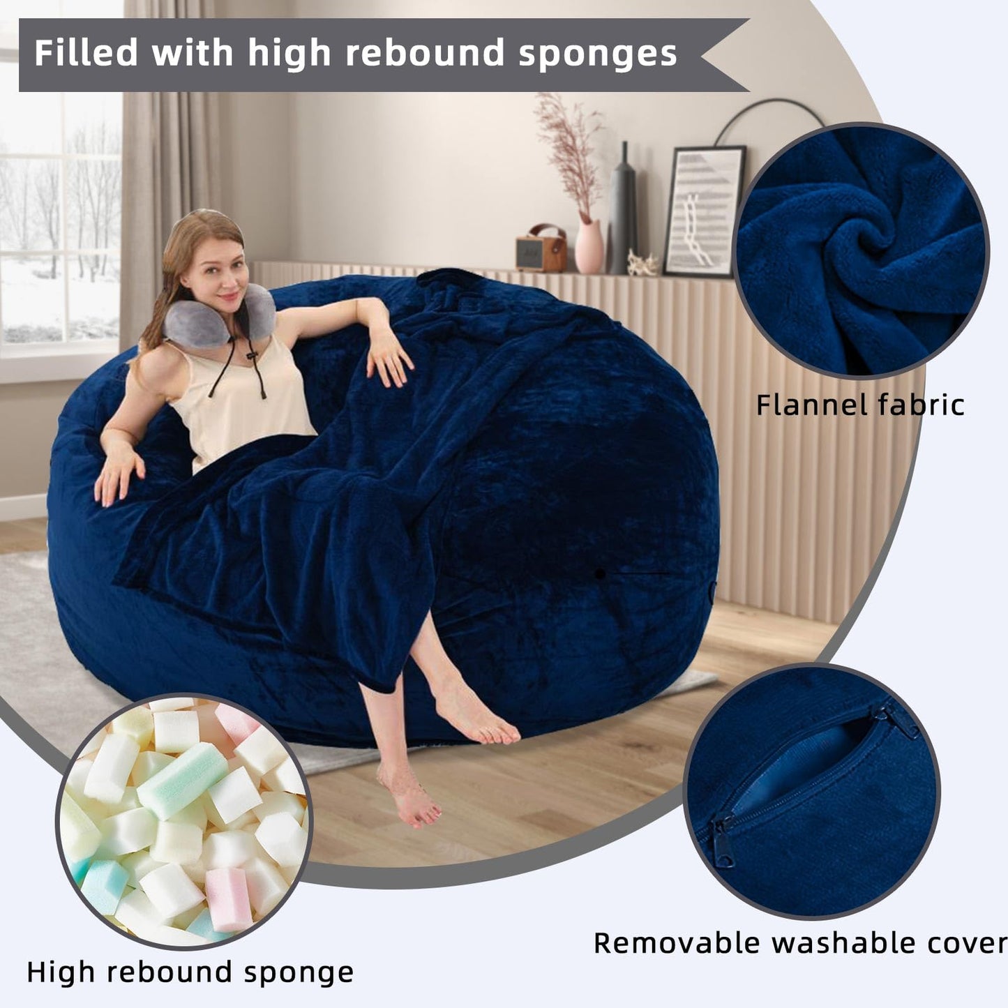 6FT Oversized Bean Bag，Bean Bag Chair with Filler Included，Foam Chairs for Adults，Memory Foam Bean Bag，Washable Soft Flannel, Suitable for Reading Leisure Chairs in Living Room.(Blue, 6FT)