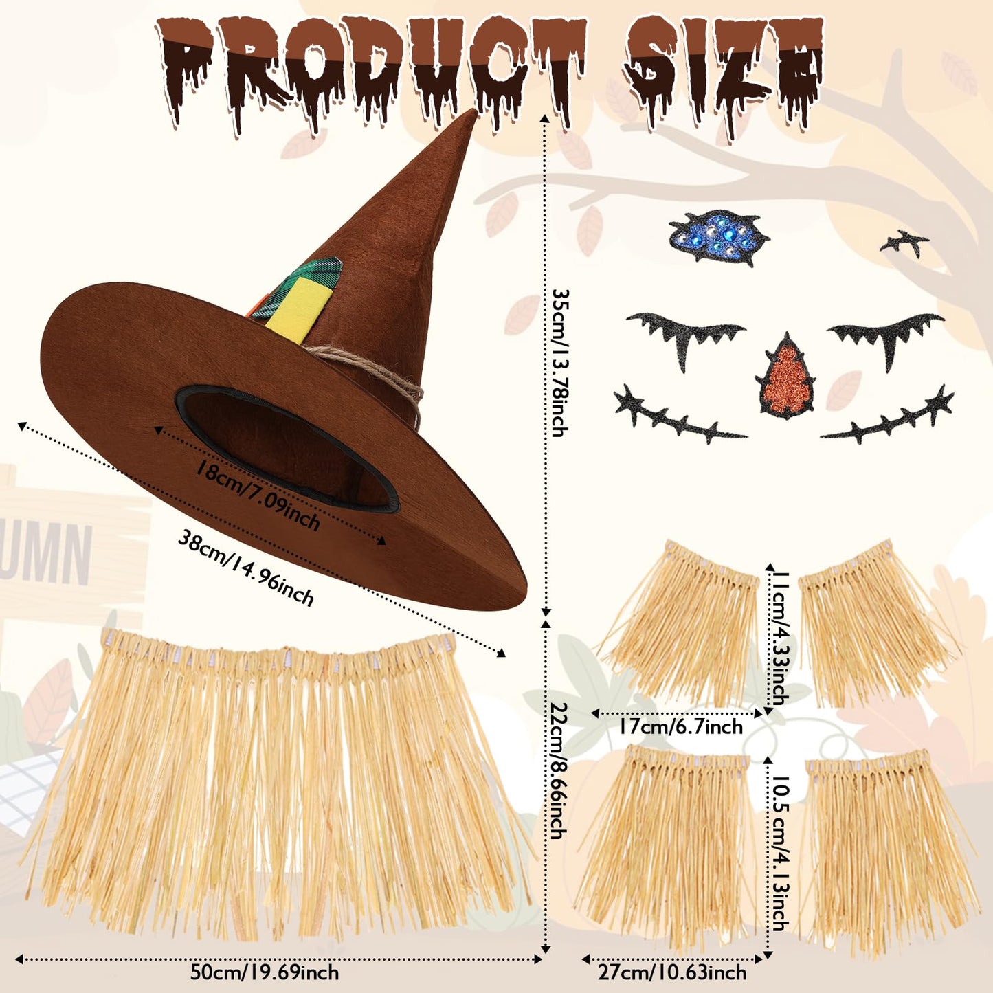 XEPST Halloween Scarecrow Costume for Women - 7PCS Accessories Set With Hat, Raffia Straw Kit, Face Decor for Adults Cosplay Fancy Dress Up