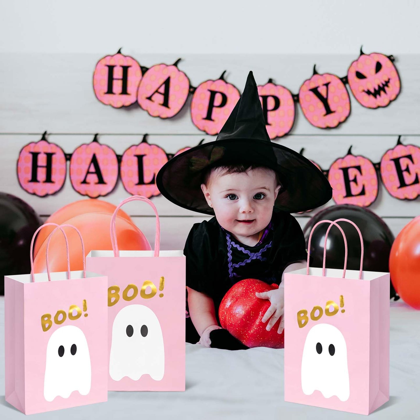 24Pcs Pink Halloween Paper Gift Bags with Handles Cute Ghost Boo Goodie Treat Bags for Halloween Baby Shower Party Trick or Treat Party Supplies