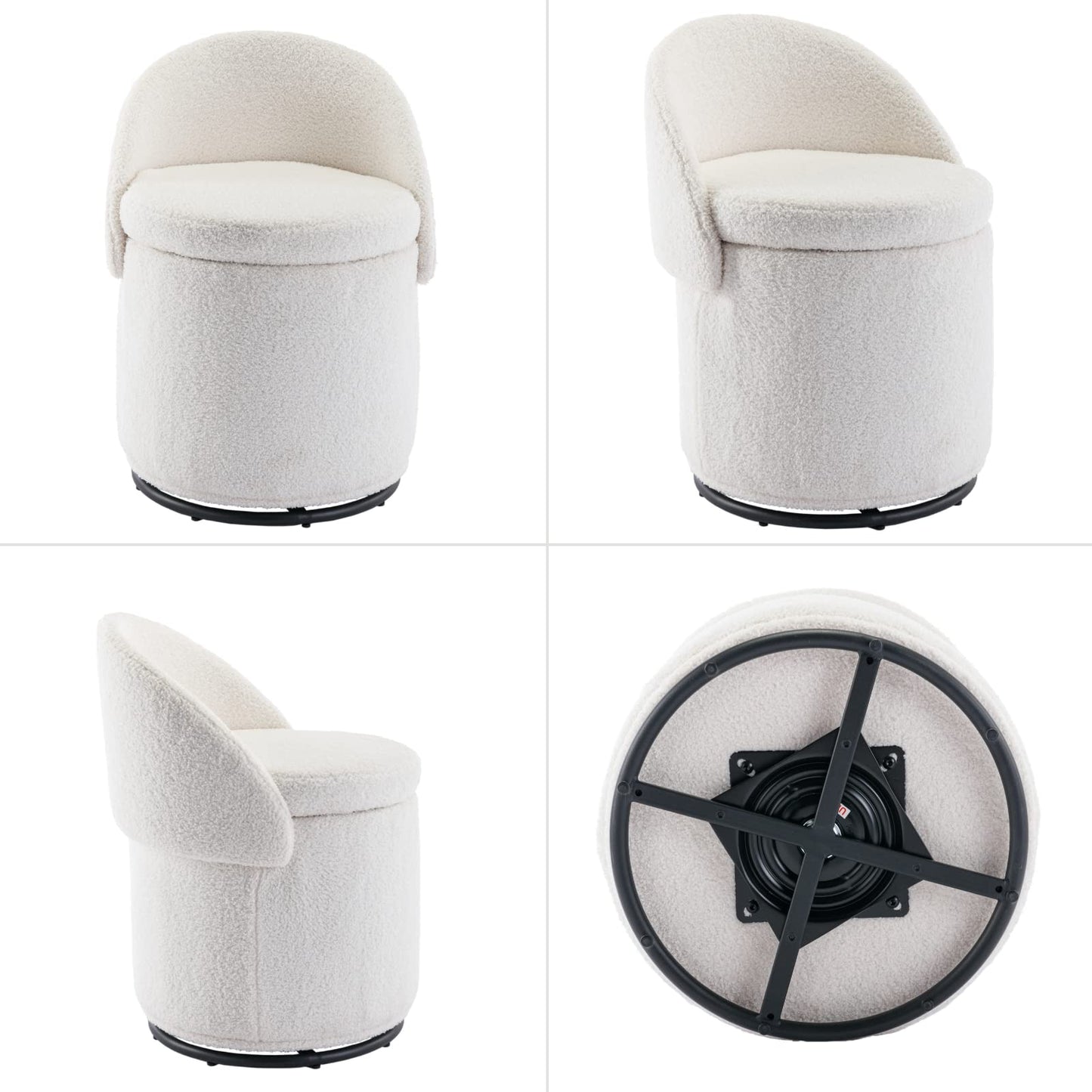 Ya-Home Modern Swivel Ottoman Vanity Chair, Sherpa Upholstered Barrel Chair Club Chair 360°Degree Swivel Side Chair with Storage, Comfy Makeup Stool for Bedroom Living Room, White