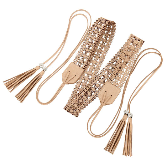 WHIPPY Boho Braid Skinny Belt for Cowgirl Western Ethnic Women Dress Belt Vintage Hand-Woven Waistband with Wax Rope Tassels, Light Beige