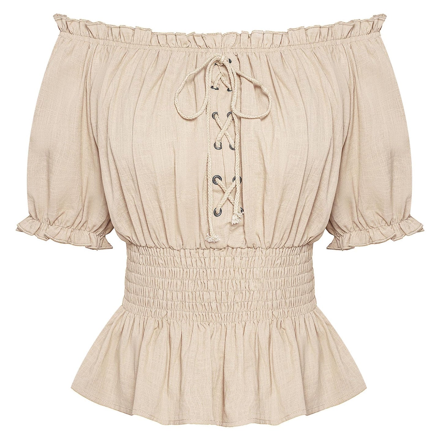 Women Off Shoulder Puff Sleeve Summer Tops Smocked Wasit Peplum Blouse Apricot S