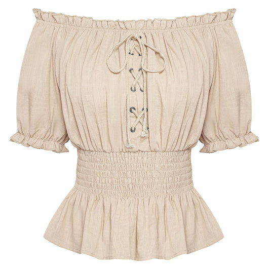 Women Off Shoulder Puff Sleeve Summer Tops Smocked Wasit Peplum Blouse Apricot S