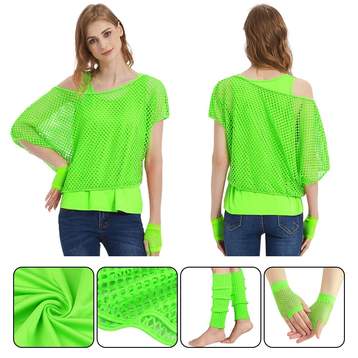 WILDPARTY Women Casual Sexy 80s Costumes Fishnet Neon Off Shoulder T-Shirt Two Pieces, Fishnet Gloves, Legwarmers 80s Outfits for Women 80s Costume Accessories for 80s Party (Green XXL)