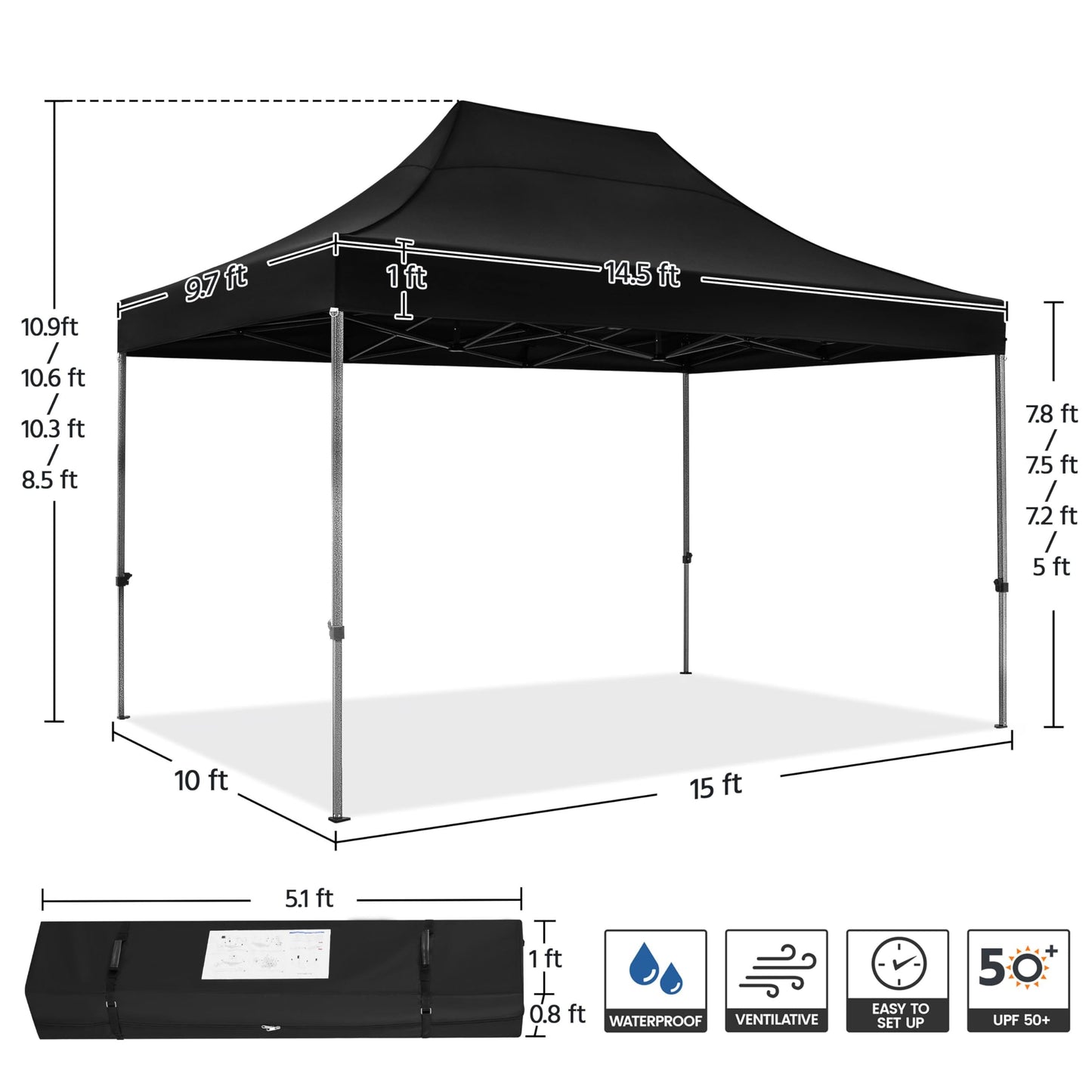 Yaheetech Heavy Duty Pop Up Canopy Tent, 10x15 Commercial Instant Shelter Tent, Outdoor Adjustable Canopy with Wheeled Bag, 4 Sandbags & 8 Stakes, Black