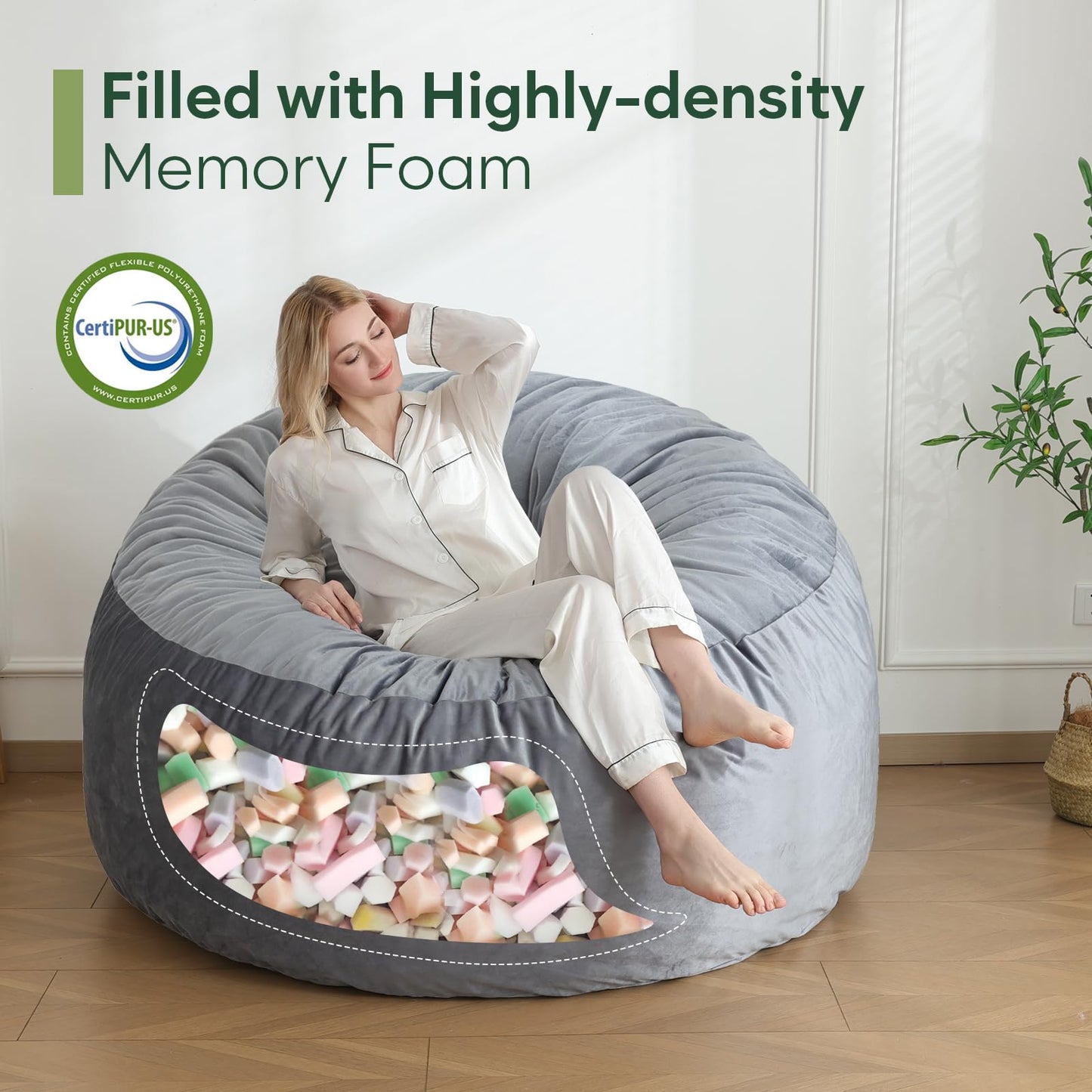 3 Ft Bean Bag Chair, Memory Foam Bean Bag Chairs for Adults with Filling, Round Bean Bag Sofa with Filler Included, Beanbags with Soft Dutch Velvet Fabric,3 Foot, Dark Grey