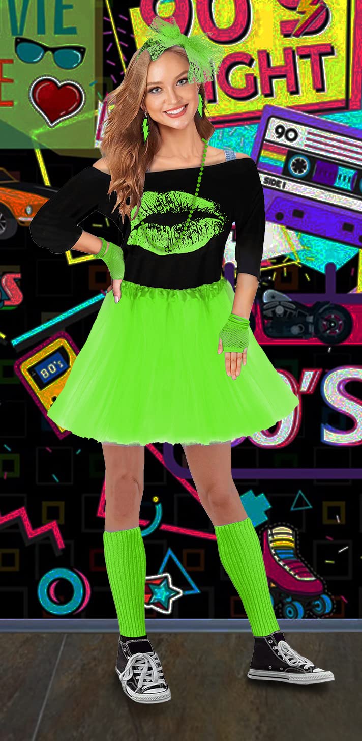Women's 80s Costume Accessories Set，Lips Print Off Shoulder Tops Headband Leg Warmers Fishnet Gloves Printed Leggings (E-Green-tutu skirt, M)