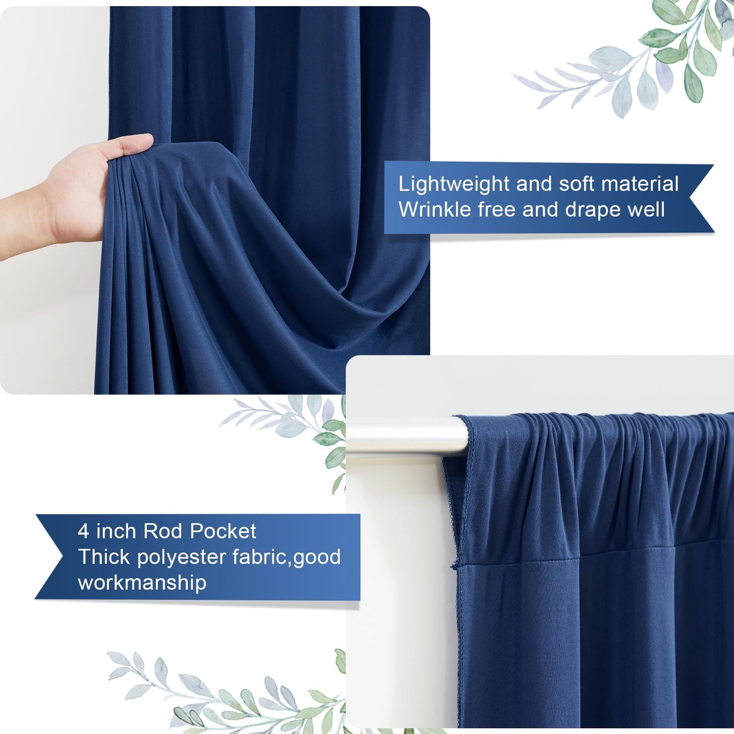16 x 10ft Navy Blue Backdrop Curtains for Graduations Celebration Polyester Photo Backdrop Curtains No-Wrinkle Long Curtains for Parties Decorations Retirement Birthday Wedding Photoshoot, 4 Panels