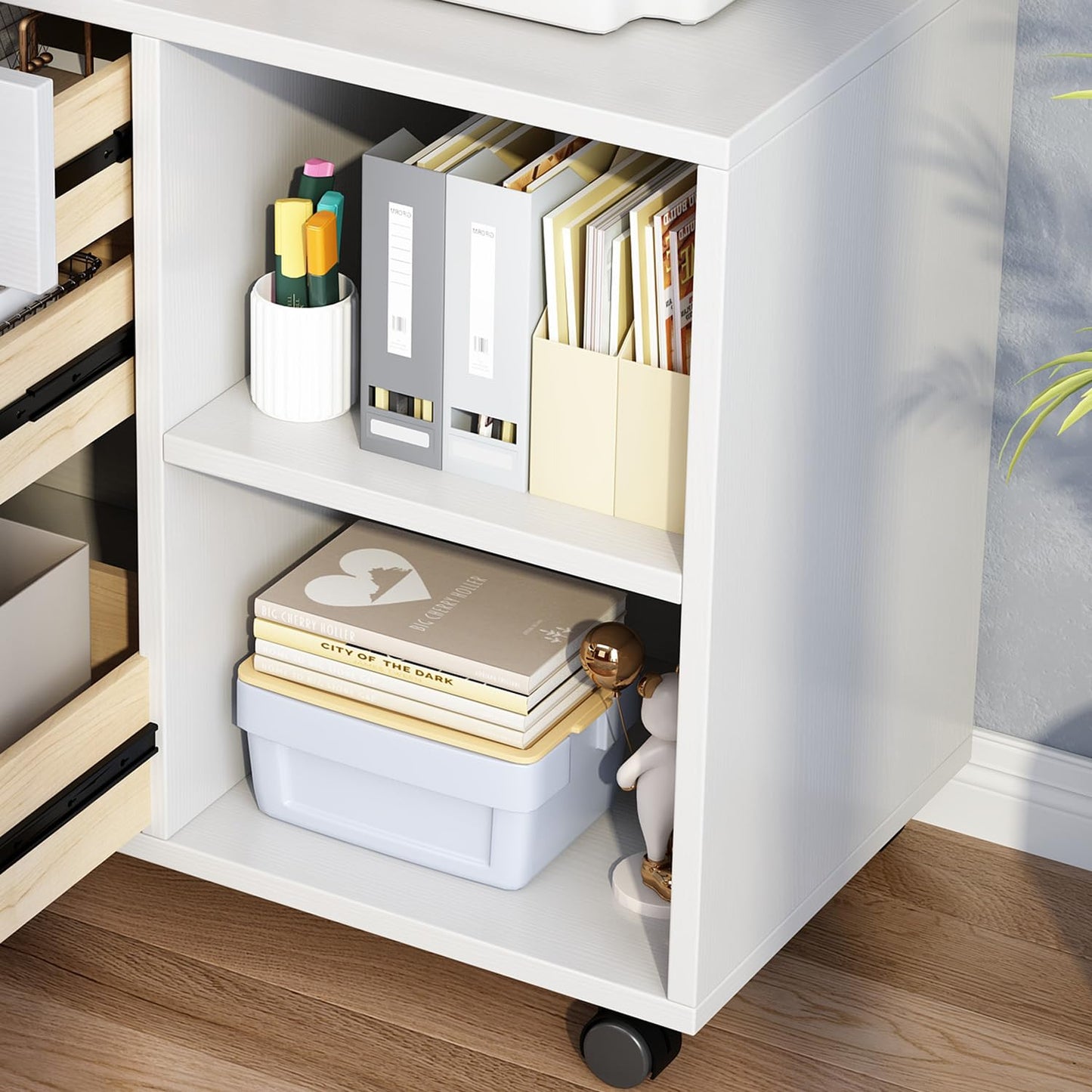3 Drawer office furniture storage cabinet，Office Pedestal Files storage cabinet，Printer Stand with Open Storage Shelves and Rolling Wheels for Office and Home Organization,black and white (White)