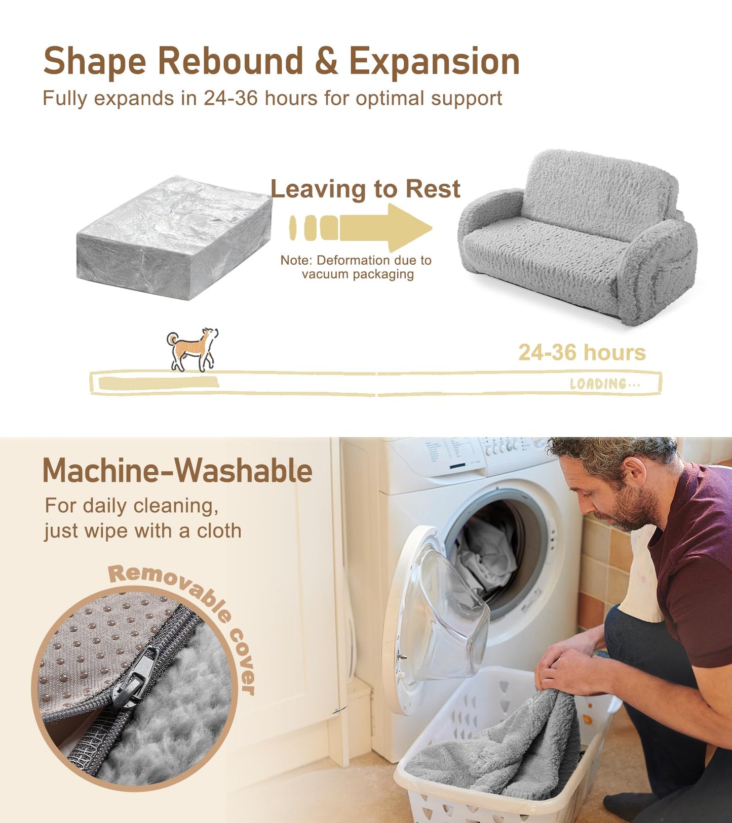 2-in-1 Sherpa Fold Out Kids Couch, Extra Wide Comfy Toddler Chair, Convertible Kids Sofa to Lounger, Foldable Toddler Couch with High Density Foam, Modern Kids Sofa Bed for Boys & Girls 3+, Gray