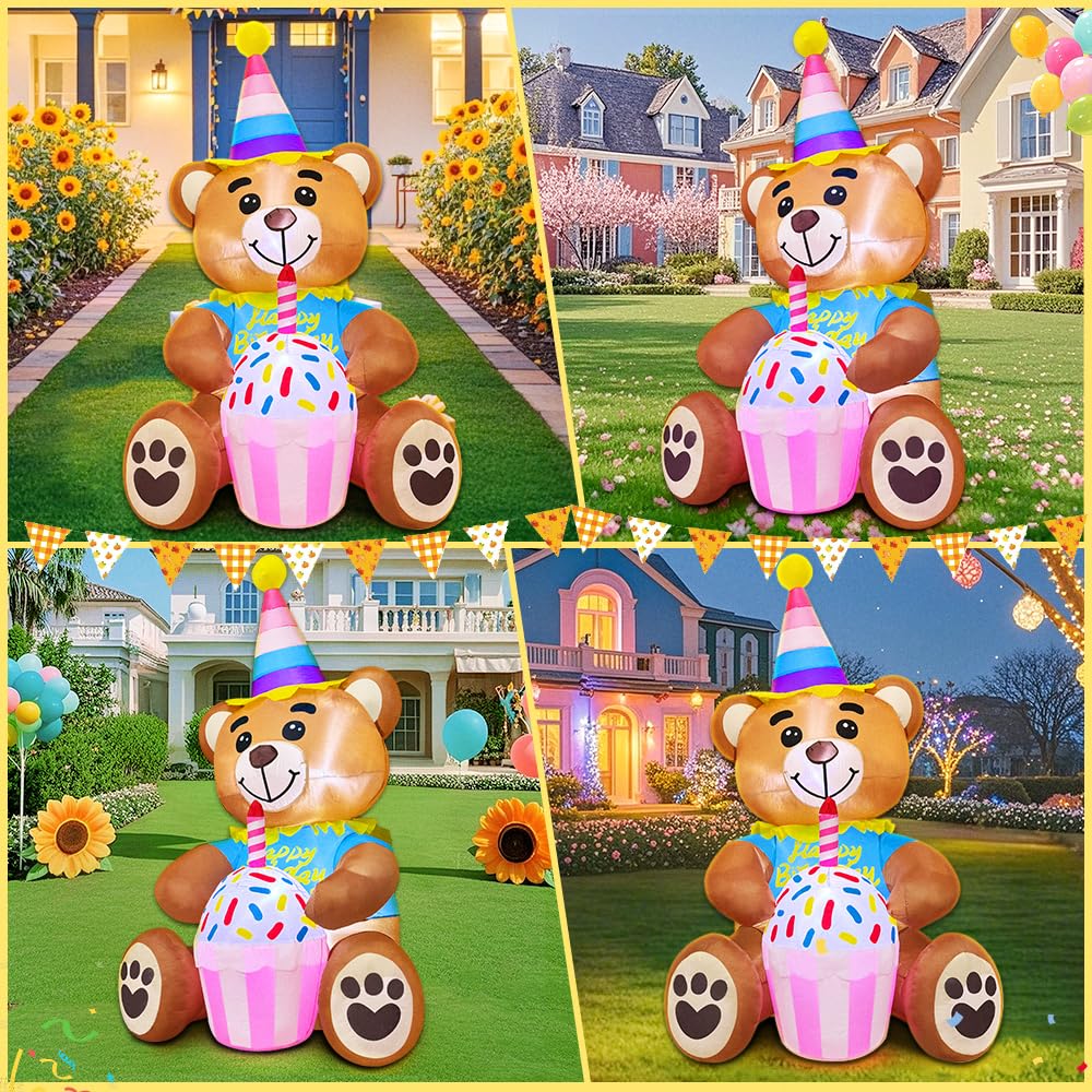 5FT Inflatable Bear with Birthday Cake Blow up Outdoor Yard Decorations, Built-in LED Lights for Holiday Party Garden Lawn Indoor Home Celebration