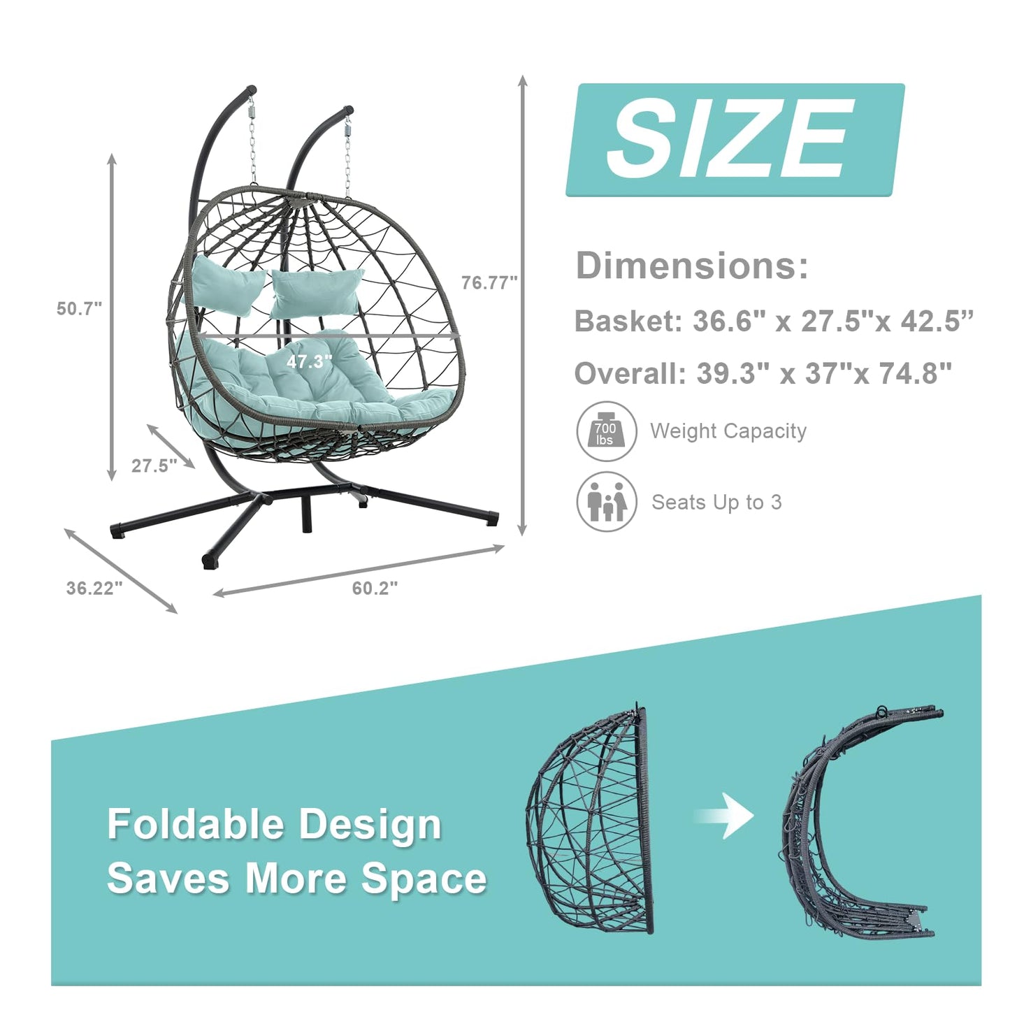 2 Person Double Egg Swing Chair with Stand Indoor Outdoor, Hammock Swing Chair Foldable Hanging Chair, Patio Wicker Hanging Egg Chair w/Cushion 700LBS Capacity for Bedroom, Balcony, Garden, Blue