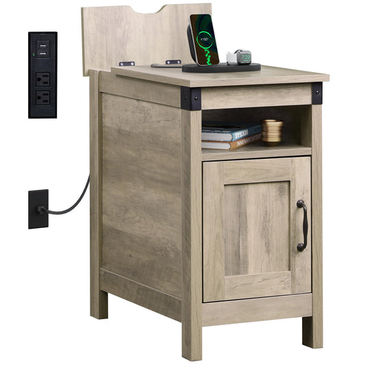 WLIVE Farmhouse End Table with Charging Station, Narrow Side Table for Living Room, Bedroom, Small Nightstand with Storage, USB Ports and Outlets, Small Wooden Cabinet, Greige