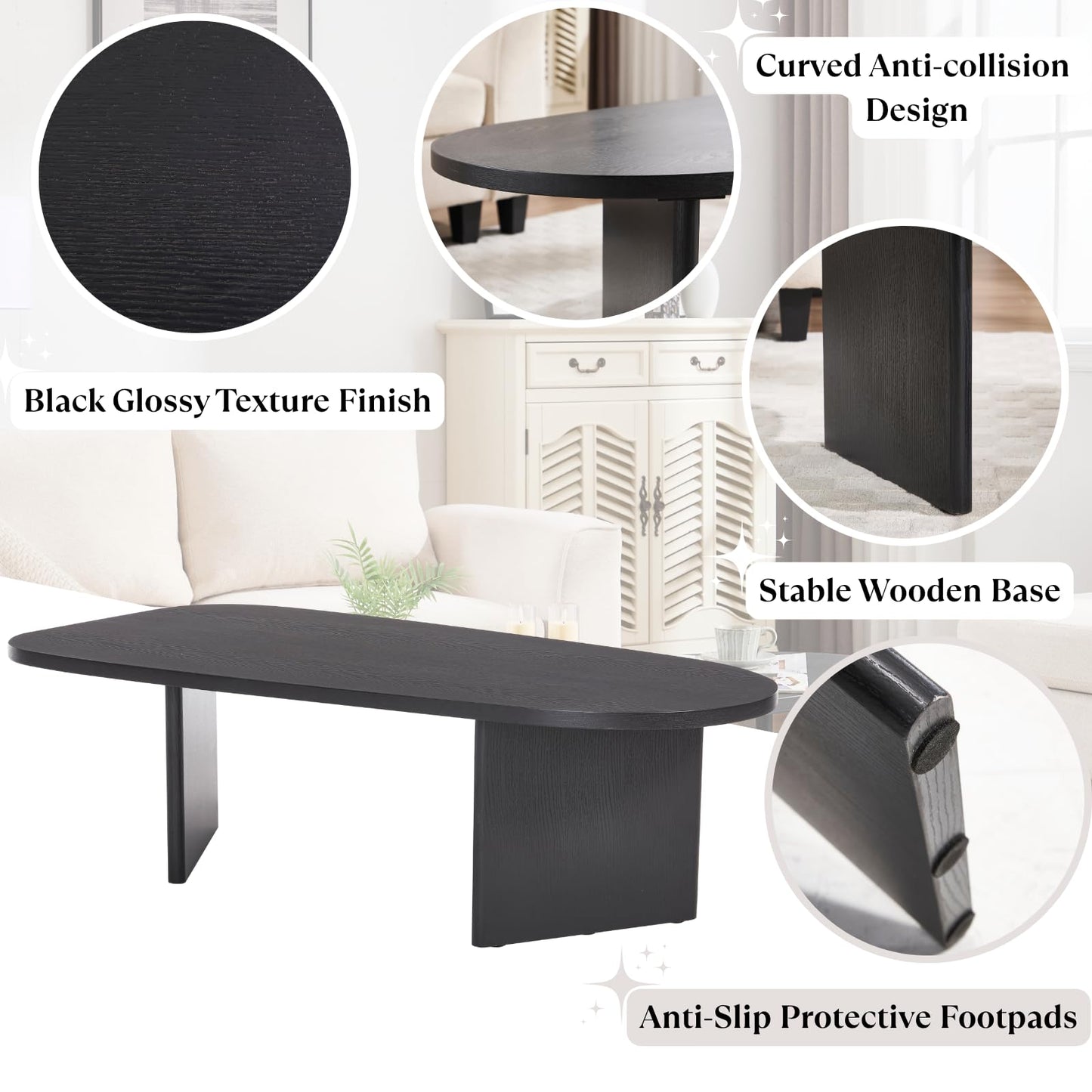 Ya-Home Black Coffee Table, Mid Century Modern Living Room Table with Irregular Surfboard Shape Top Solid Base, 51” Side Table Reception End Table for Office, Balcony, Black