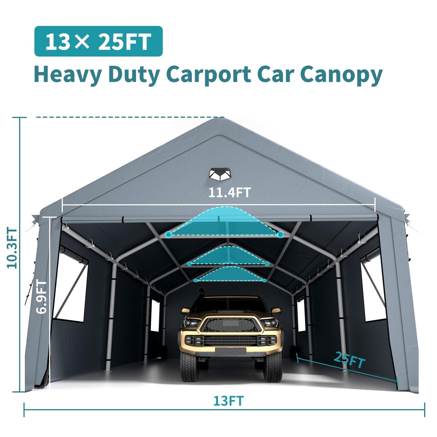 13x25FT Heavy Duty Carport Canopy,Extra Large Portable Car Tent Garage with Roll-up Windows and All-Season Tarp Cover,Removable Roof &Side Walls for Car, SUV,Boats&Truck Shelter Logic Storage