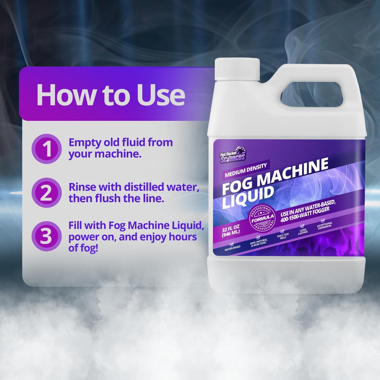 32oz Fog Machine Liquid Smoke - Medium Density Smoke Machine, Fog Juice for 400-1500 Watt Foggers, Water-Based, Lasting & Ultra Thick Atmosphere, Ideal for Concerts, Parties & Events