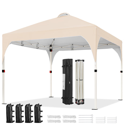 Yaheetech 10x10 Pop Up Canopy Tent with Vent, Easy Set Up Tent, Instant Sun Shelter Canopy with Wheeled Bag, 4 Sandbags, 12 Stakes & 4 Ropes, for Parties, Beach, Outdoor, Beige