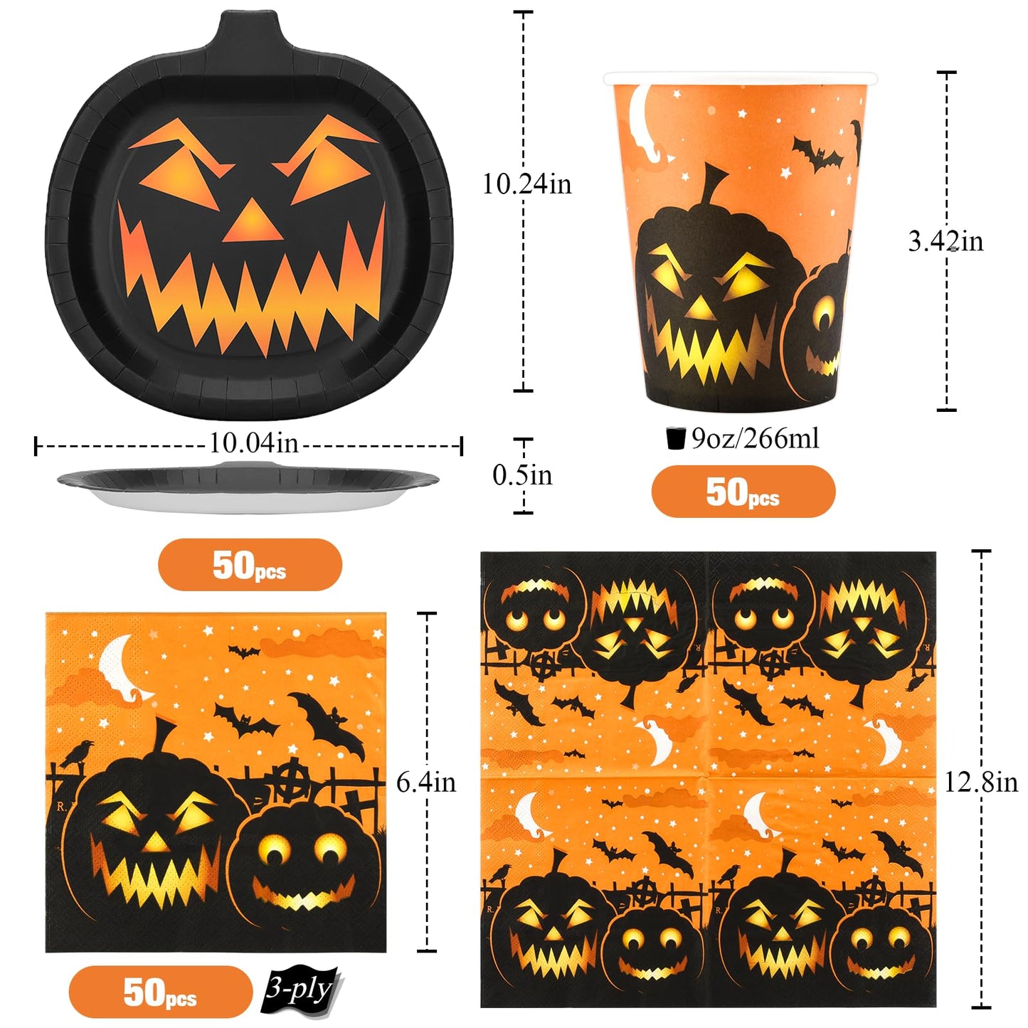 150Pcs Halloween Plates and Napkins Cups Party Supplies Disposable Dinner Dessert Appetizer Cutlery Plates Dinnerware Sets Black Pumpkin Jack-o'-lanterns Orange Spooky Decorations