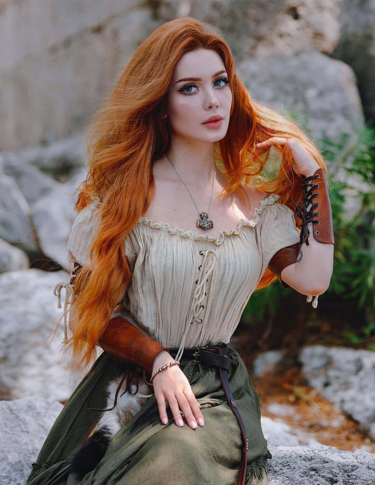 Women's Victorian Gothic Top Renaissance Peasant Smocked Off Shoulder Shirts Khaki M