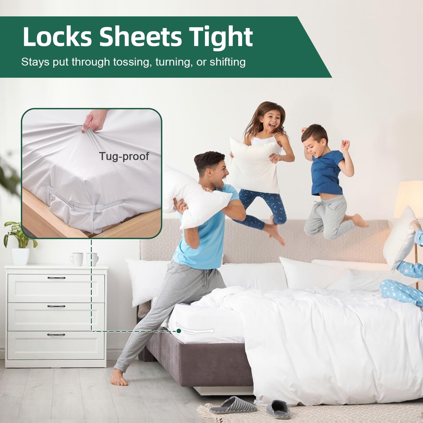 WEXFFU Bed Sheet Holders for Corners Keep Sheets Firm & Tight, Heavy Duty Mattress Lock Sheet Holders Universal Fit, Fitted Sheet Holders with Anti-Break Straps, One-Time Install (White)