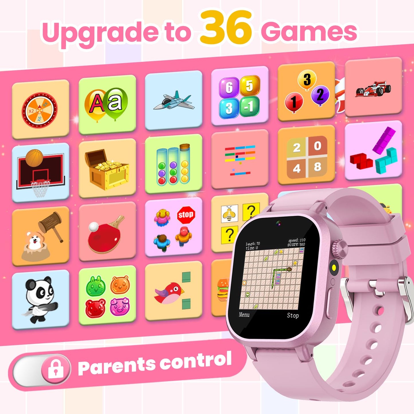 Waterproof Smart Watch for Kids Girls Ages 5-12 with 36 Games, HD Camera, Video, Music, Habit Tracking, Alarm, Pedometer, Kids Smart Watch Chrismars Birthday Gift for Girls Age 5 6 7 8(Pink)