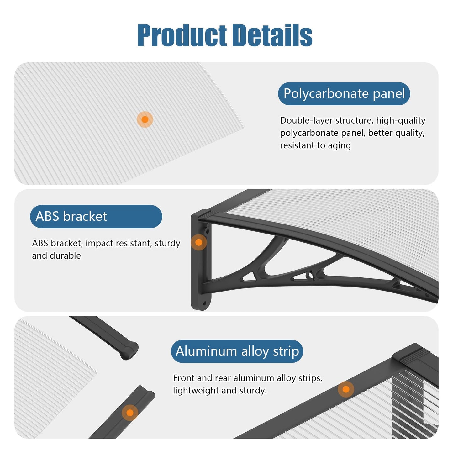 60x80'' Window and Door Exterior, UV/Rain/Snow/Sunlight Protection Sheet,UPF 50+ Polycarbonate Overhang Canopy,House Overdoor Awnings for Door Entrance Outside/Patio/Porch/Deck