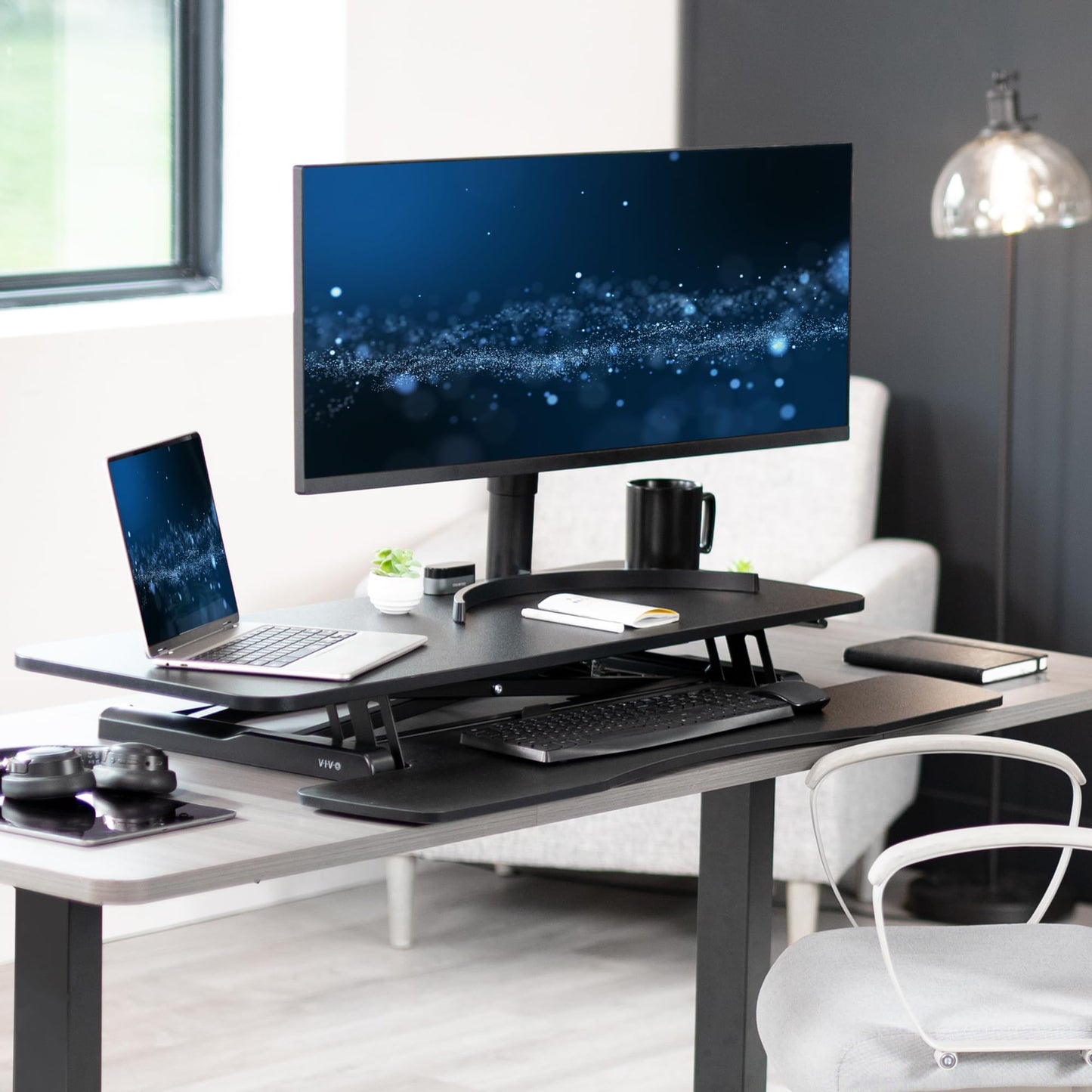 VIVO 42 inch Desk Converter, K Series, Height Adjustable Sit to Stand Riser, Dual Monitor and Laptop Workstation with Wide Keyboard Tray, Black, DESK-V042KB