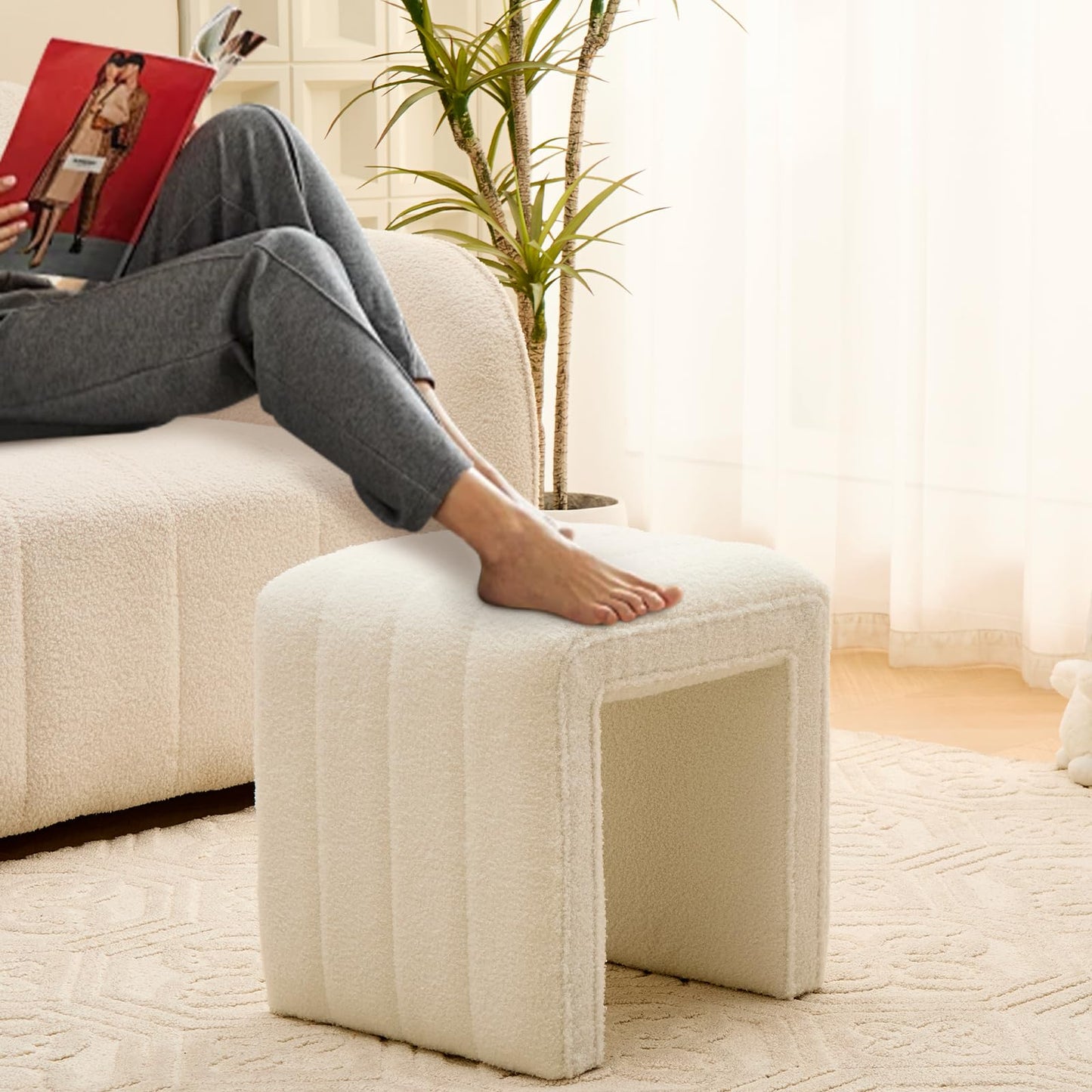 Wimarsbon Vanity Stool Chair, Modern Teddy Velvet Ottoman Footrest, Sofa Bench Footstool Extra Seat, Home Decor for Makeup Room, Living Room, Entryway, Office (White)