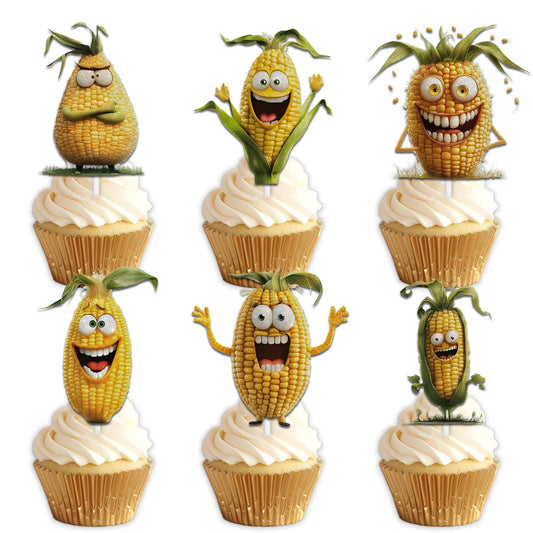 18pcs Yellow Glitter Dessert Cupcake Topper Funny Vegetable Corn Theme Decor Supplies Baby Shower Boys Girls Happy Birthday Party Decorations
