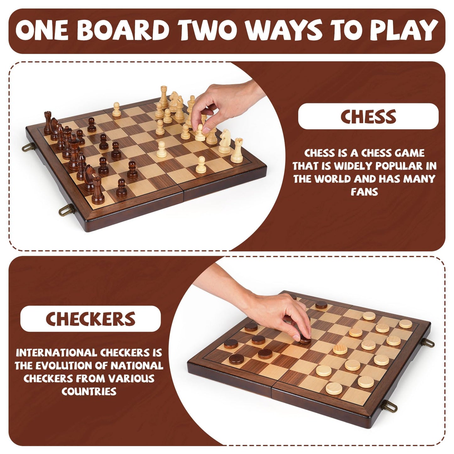 2 in 1 Magnetic Chess Set and Checkers Board Game Set 15" Wooden Folding Chess Board with 2 Extra Queens Travel Chess Sets Family Board Game Gift for Kids, Adults Portable Elegant Classic Chess Game