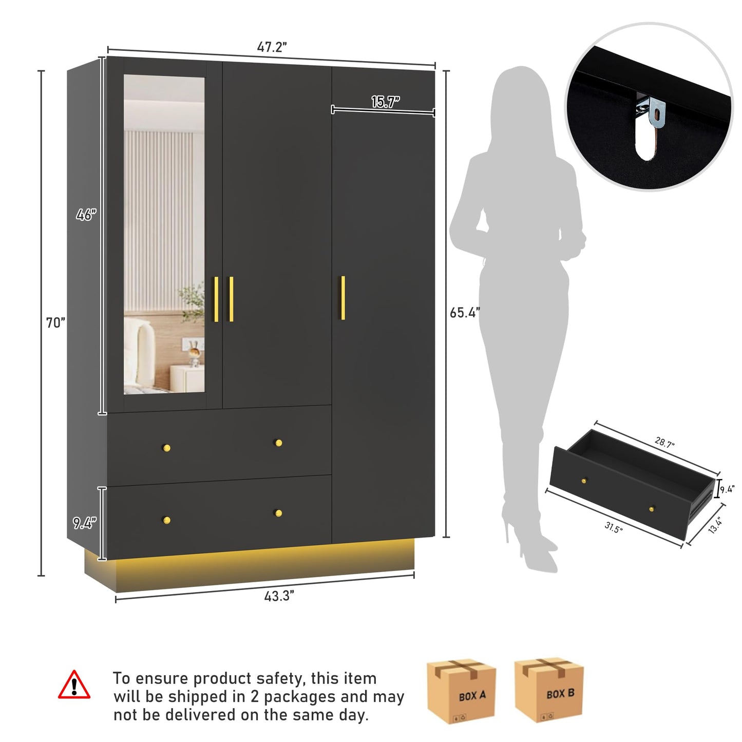 3 Doors Armoire Wardrobe Closet with Mirror, LED Storage Cabinet with Drawers, Wooden Closet with Hanging Rod, Adjustable Shelves, Black