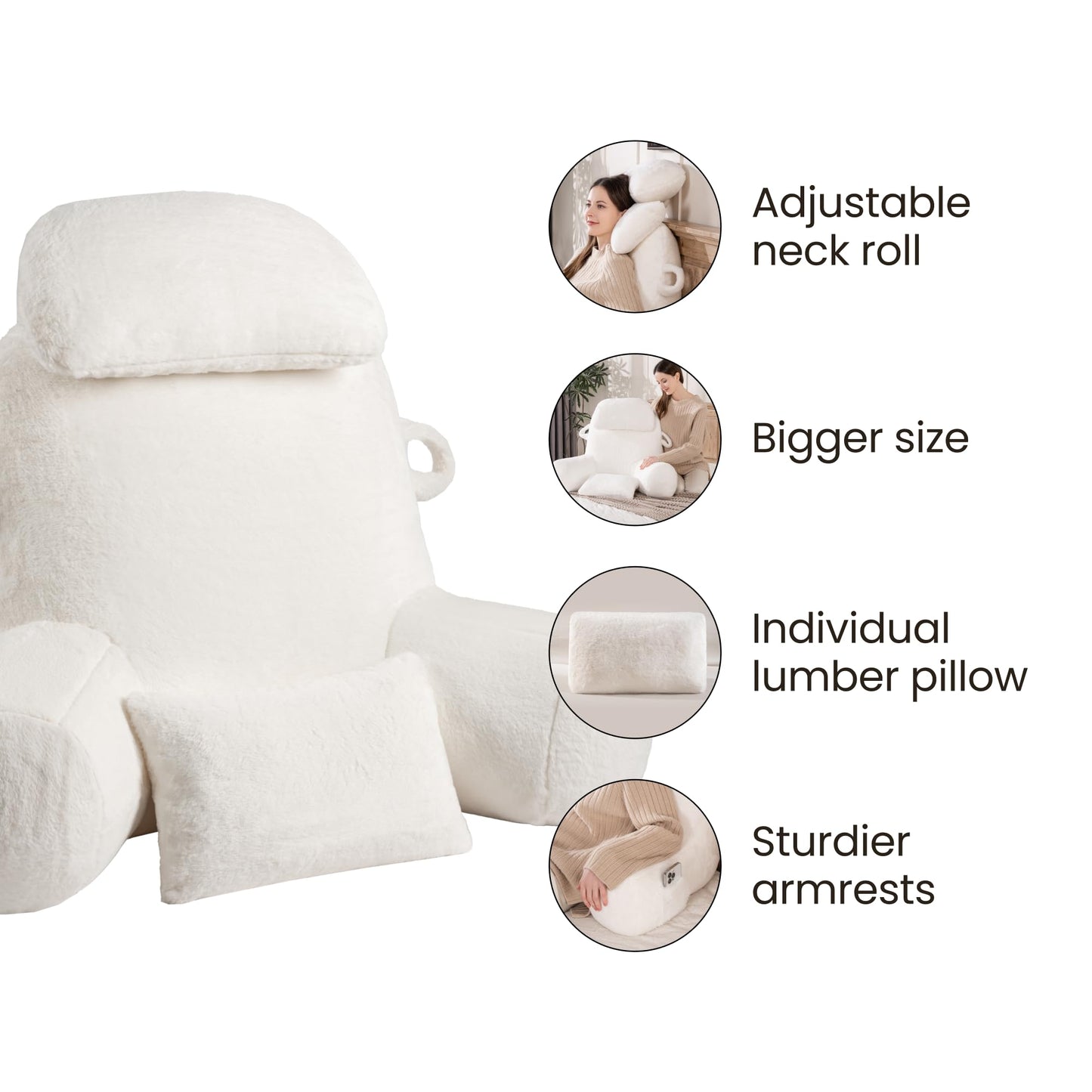 32" X-Large Reading Pillow for Sitting Up in Bed & Post-Surgery Recovery - Super Soft Adjustable Neck Roll Backrest Pillow, Washable Cover for Adults, Watching TV/Gaming (White)