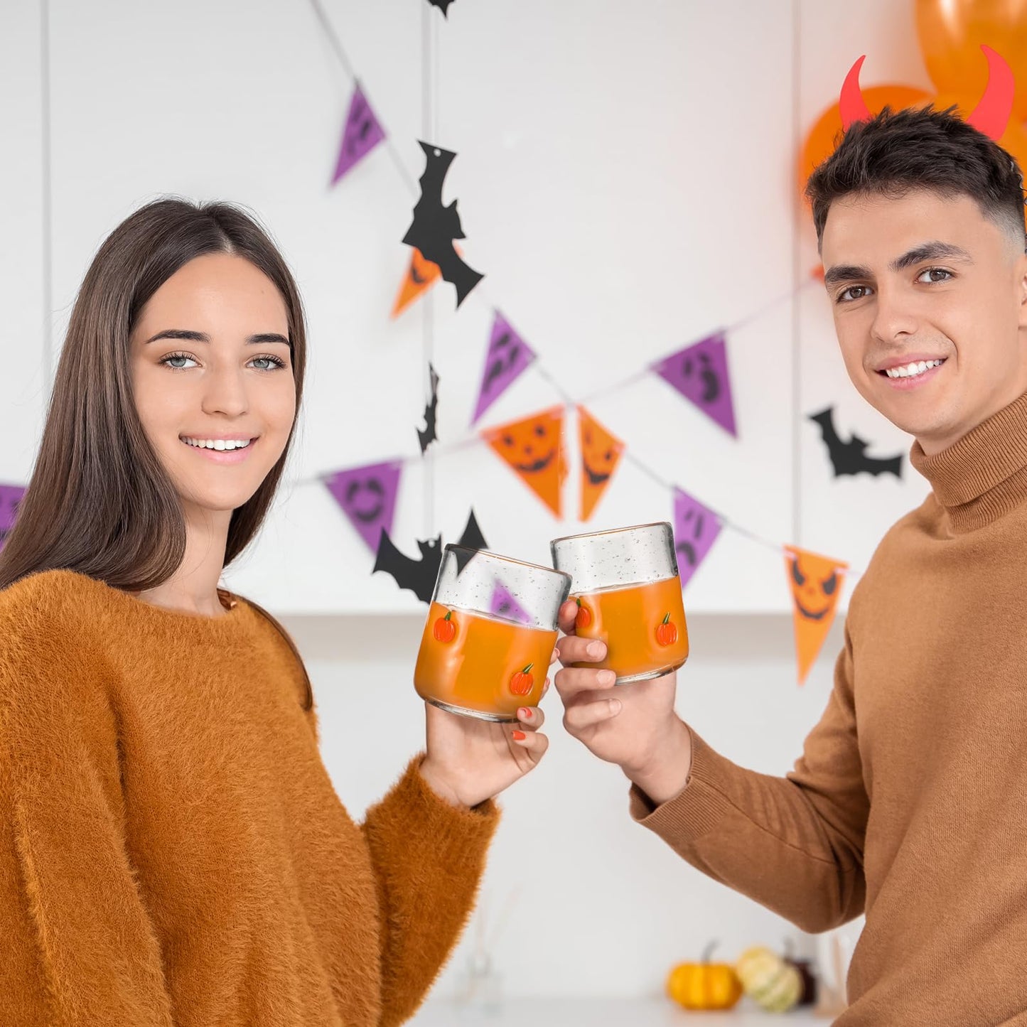 Widecook 4 PCS Pumpkin Icon Juice Glasses Cup Set - Orange Pumpkin Stemless Drinking, Wine, Water, Coffee Glass Cup Bulk for Fall Holiday Birthday Party Supplies & Gift