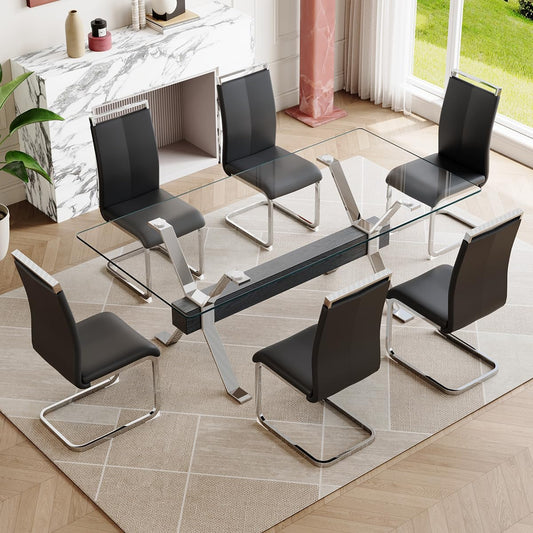 71" Glass Dining Table Set for 6, Modern Dining Table Set for 6, 0.4" Thick Tempered Glass Tabletop with Silver Chrome Metal Legs and Black Crossbar, 6 PU Chairs for Dining Room, Kitchen