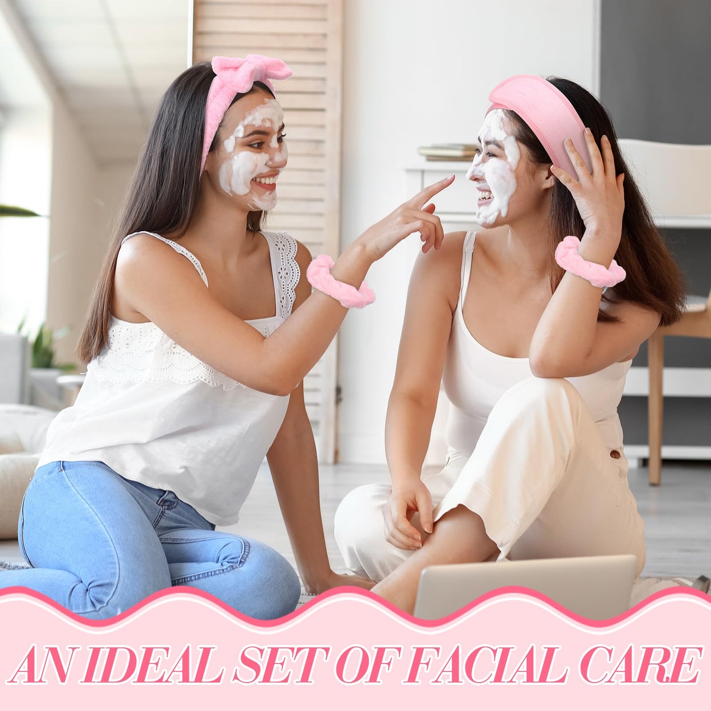 Wavyknot 16 Pcs Skin Care Headband Set Include 2 Pink Spa Headband 1 Pink Plush Sleep Eye Mask 4 Skin Care Wristbands 5 Velvet Scrunchies 1 Claw Clips 2 Bangs Clip 1 Cosmetic Bags for Spa Gift