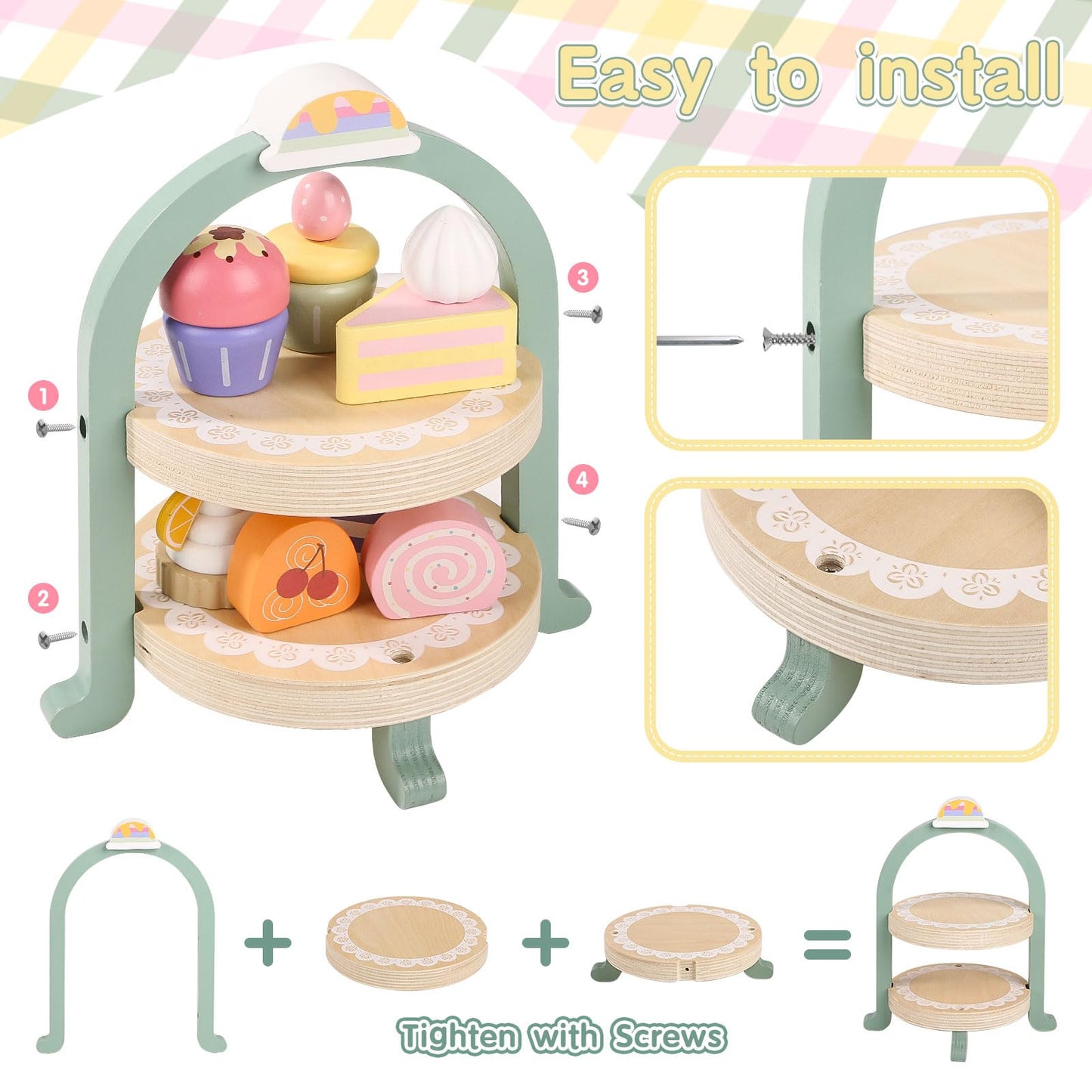 Wooden Tea Party Set for Little Girls, Toddler Tea Set with Cupcake Stand & Food Dessert, Pretend Play Food Kitchen Accessories for Kids Girls Age 2 3 4 5 6 Birthday Gift Wood Educational Toys