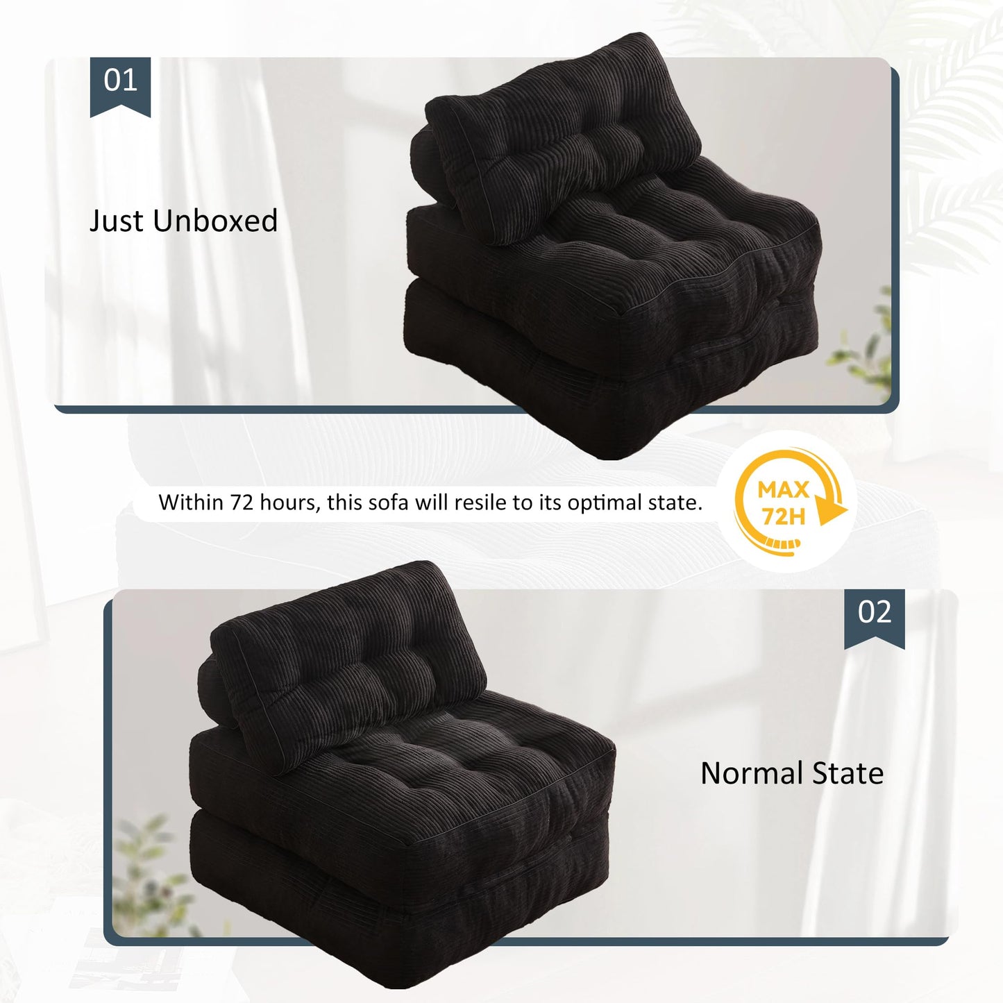 Afuson Folding Chair Bed, Futon Sofa Bed, Floor Couch for Adults Chair Bed for Living Room, Lounge Sofa, Convertible Sofa Bed, Small Couches for Small Spaces, Black