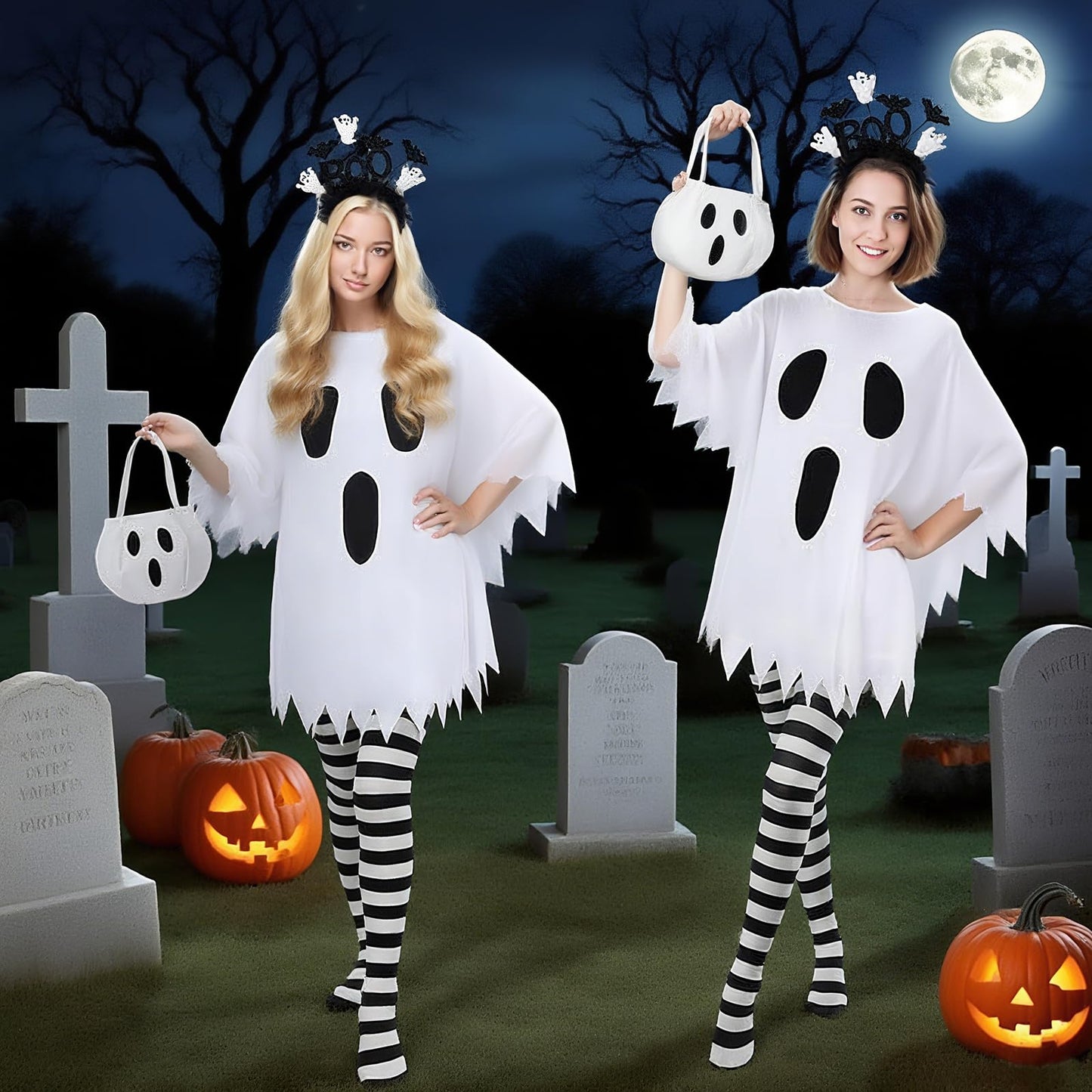 5 PCS Halloween Costume Set for Women Adult Ghost Costume, Poncho, Candy bag, Ghost Headband and Nylon Striped Tights for Halloween Cosplay Party