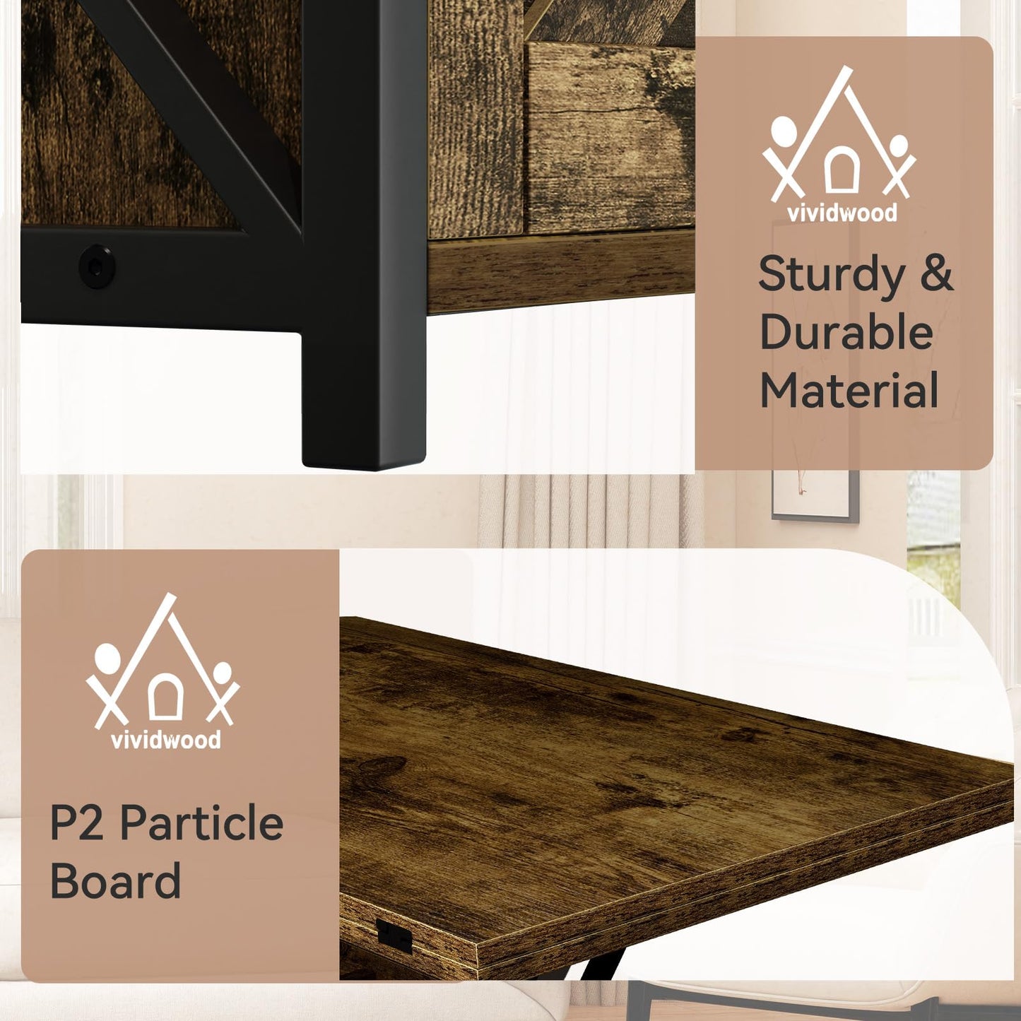 Vividwood Lift Top Coffee Table with Storage and Sliding Door, 4 in 1 Multi-Function Convertible Tea Table with Hidden Compartment, Farmhouse Center Table with Wood Lift Tabletop for Living Room Brown