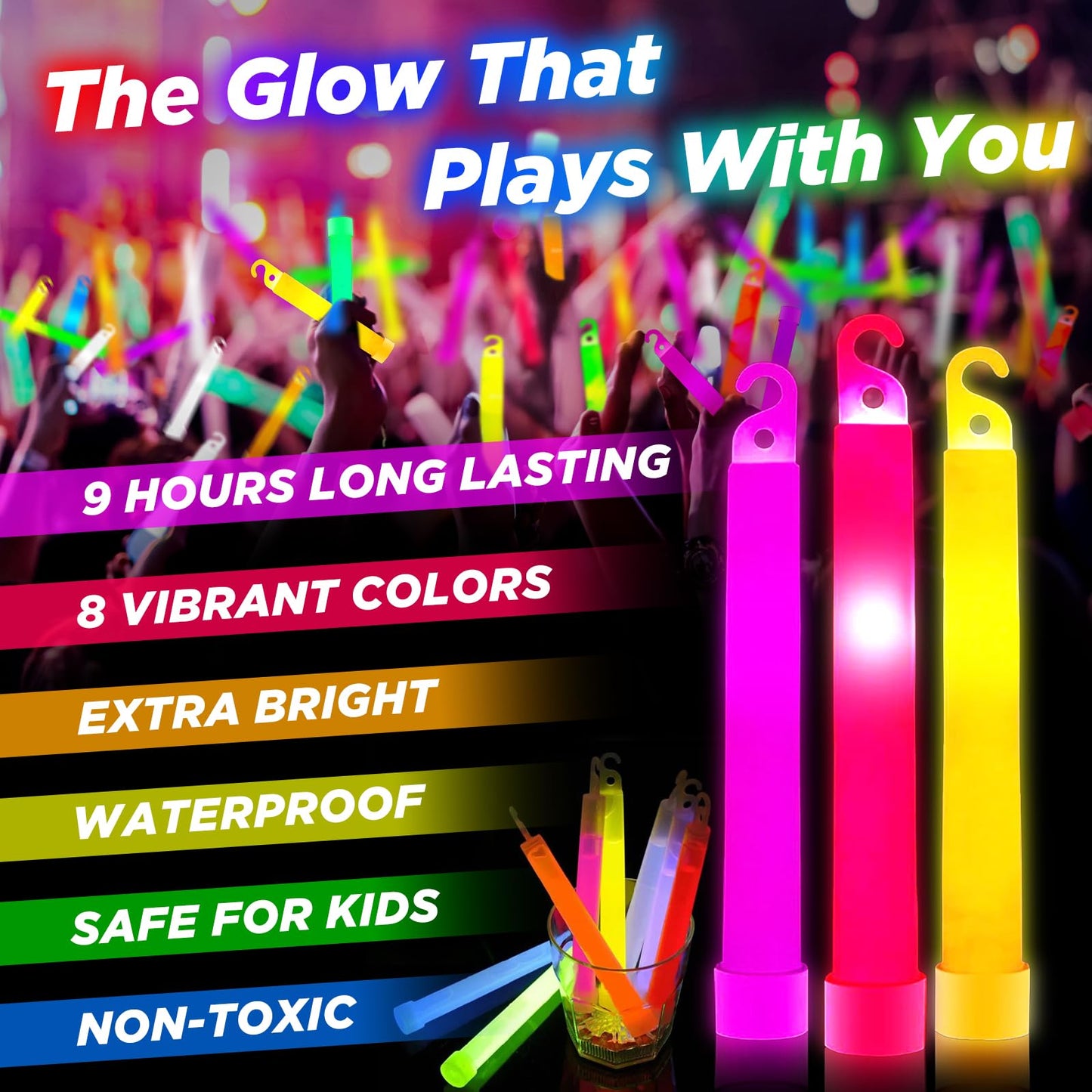 54 Pcs Glow Sticks - 4 inch Glow In the Dark Sticks Party Supplies, Waterproof Neon Glow Sticks Lights Bulk Party Pack for Kids with 9 Hours Duration, Party Favors Light Stick for Birthday Parties