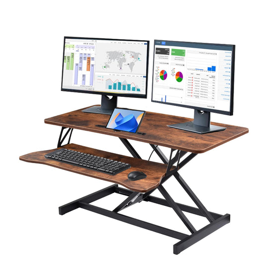 37 Inch Standing Desk Converter - Manual Pneumatic Spring, Two Monitor Stable Standing Desk Converter, 5.9"to18.8"Height Adjustable Laptop Workstation With Keyboard Tray For Home, Company(Tiger Brown)