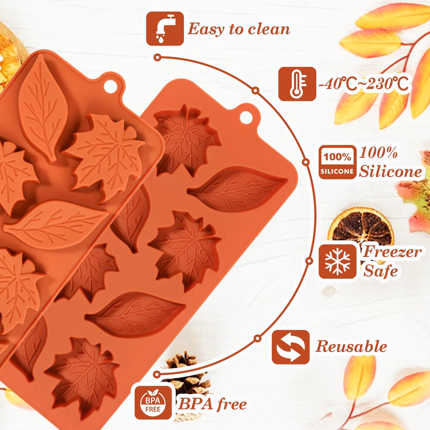 Webake Leaf Silicone Mold with 2 Different Shapes, 8-Cavity Maple Leaf Molds for Chocolate, Ice Cube, Soap, Cupcake, Perfect for Thanksgiving, Fall Harvest Party, Pack of 2