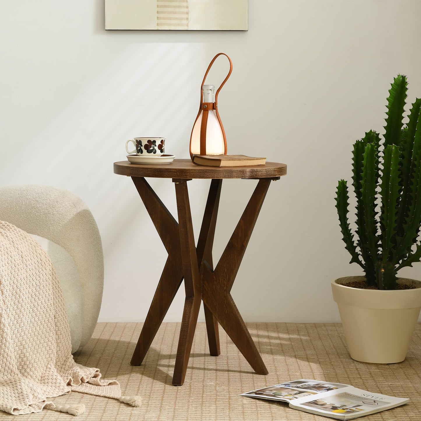 Ahokua Farmhouse End Table with Solid Wood Crossed Legs Round Boho Side Table Mid Century Modern Small Accent Table for Small Space Stable Nightstand for Living Room, Natural Wood