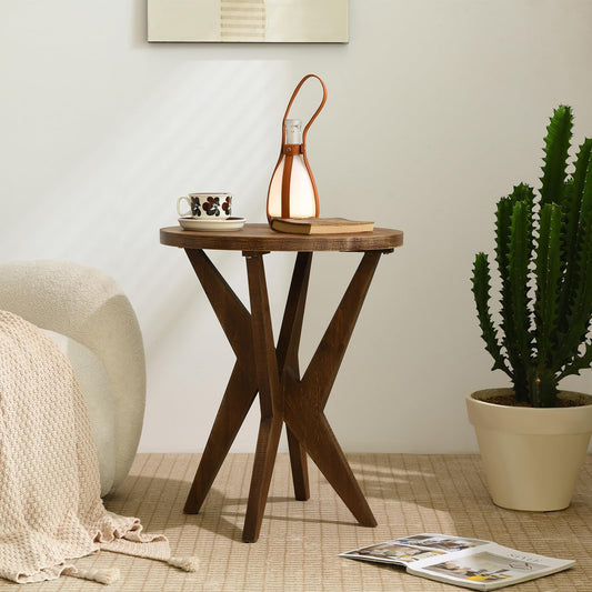 Ahokua Farmhouse End Table with Solid Wood Crossed Legs Round Boho Side Table Mid Century Modern Small Accent Table for Small Space Stable Nightstand for Living Room, Natural Wood