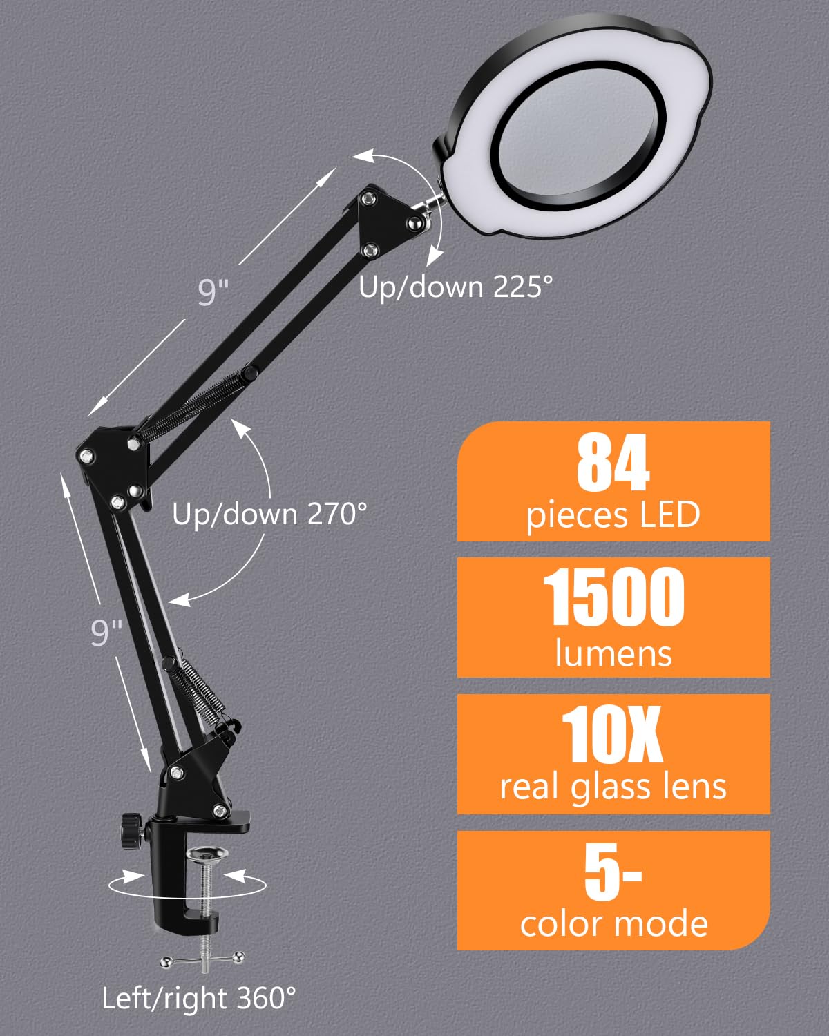 10X Magnifying Glass with Light, 5 Color Modes Stepless Dimmable LED Desk Lamp, Hands Free Lighted Magnifying Glass for Close Work Reading Craft Hobby