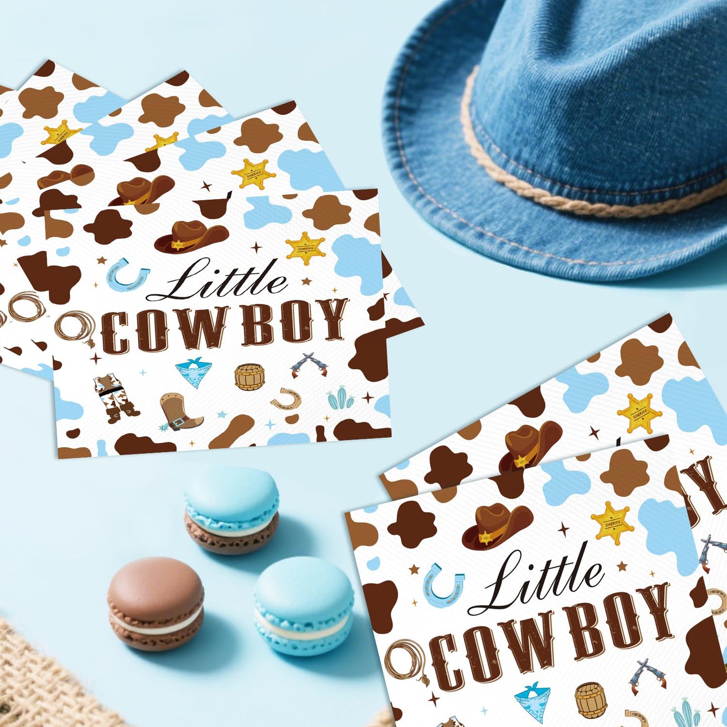 50PCS Cowboy Baby Shower Napkins - A Little Cowboy is on the Way Baby Shower Paper Napkins Western Rodeo Little Cowboy Disposable Napkins 6.5" x 6.5"