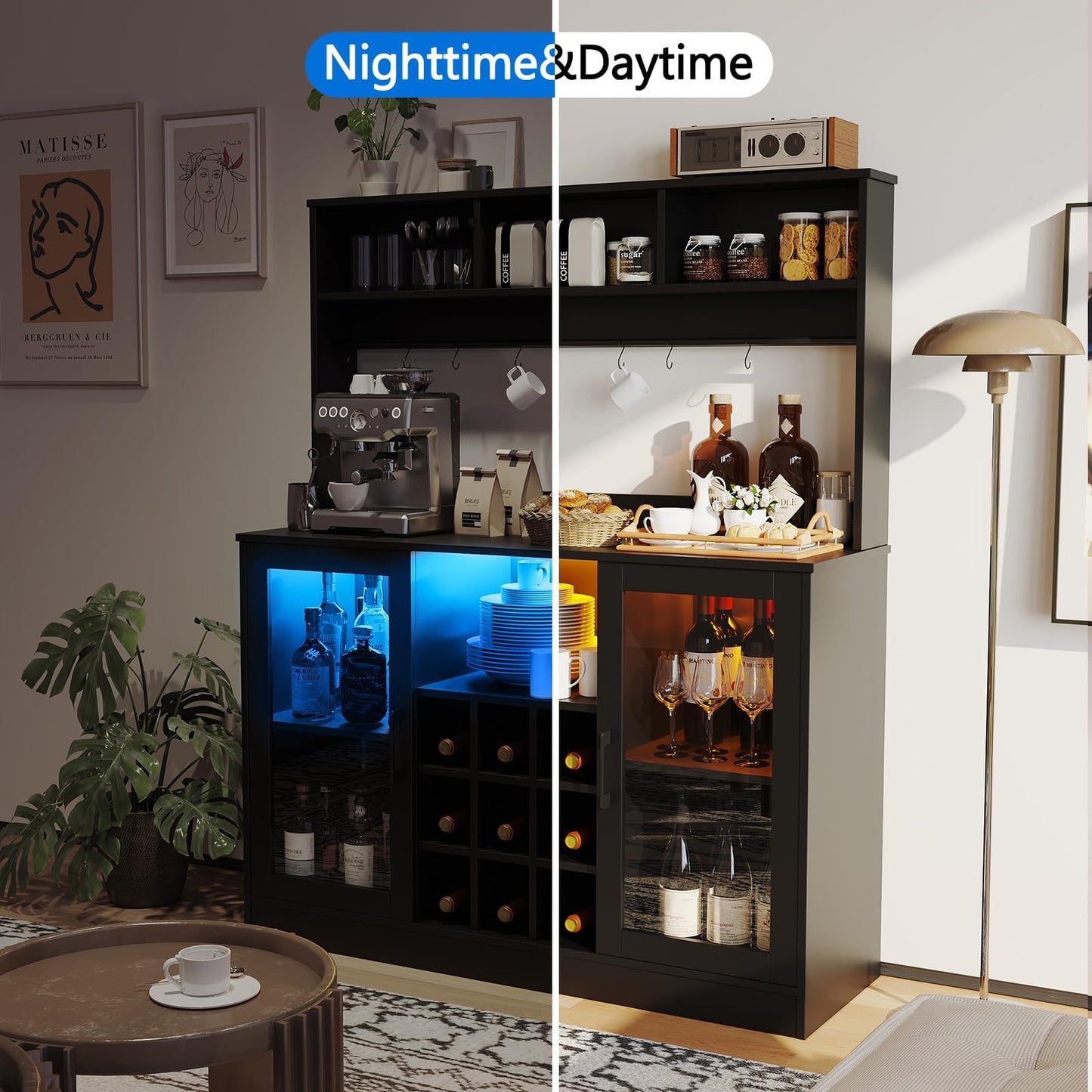 Wine Bar Cabinet with LED Light and Power Outlet, Liquor Cabinet with 9 Wine Racks, 6 Hooks and Adjustable Shelf, Coffee Bar Cabinet Buffet Sideboard for Kitchen and Living Room, Black, 47.2"D x 15.74