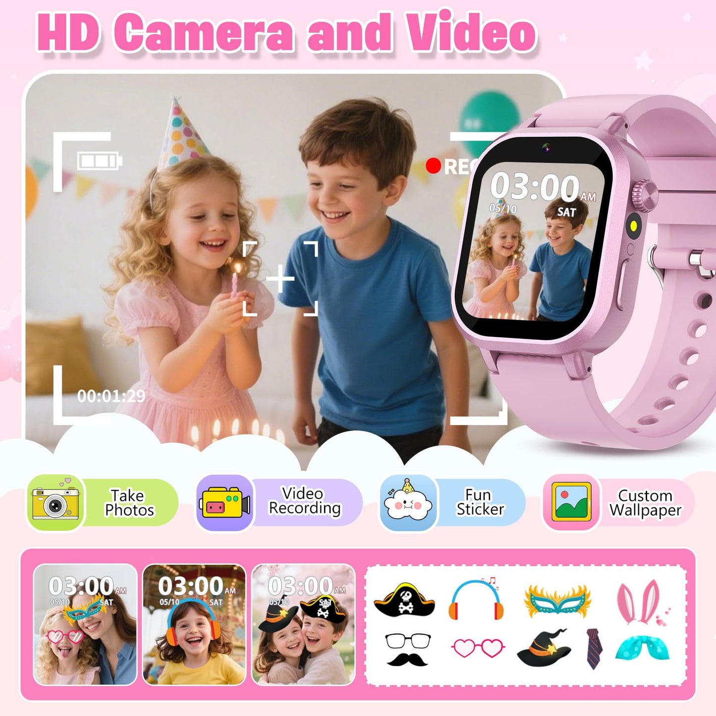 Wiszodet Kids Waterproof Smart Watch Girls Gift Age 3-12 with 39 Game HD Touch Screen Music Player Video Camera Pedometer Alarm Clock Birthday Gift for 6 7 8 9 Year Olds Pink