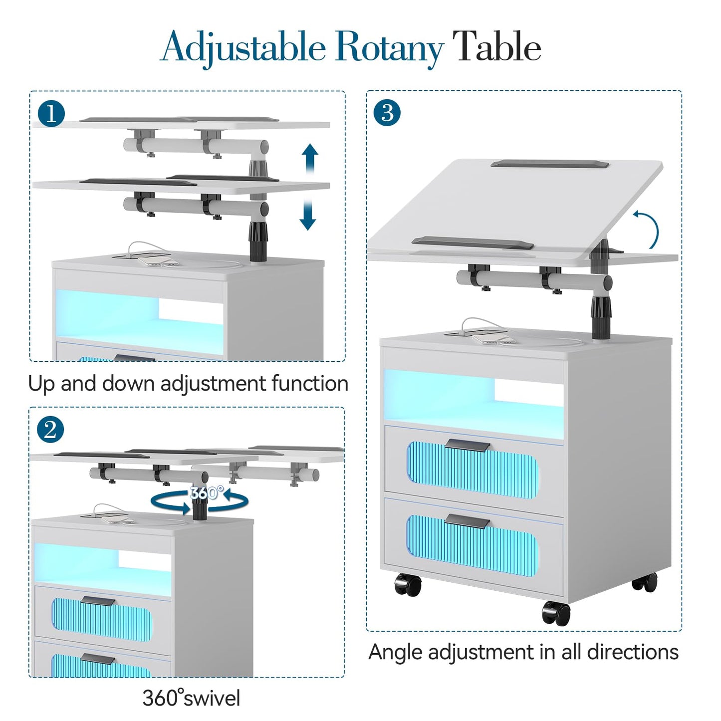 WOOVIVS LED Night Stand with Charging Station, Smart Nightstand wiht Human Body Lights, Modern Bedside Table has Adjustable Rotary Workstation/2 Drawers/Wheel for Bedroom/Livingroom (White)