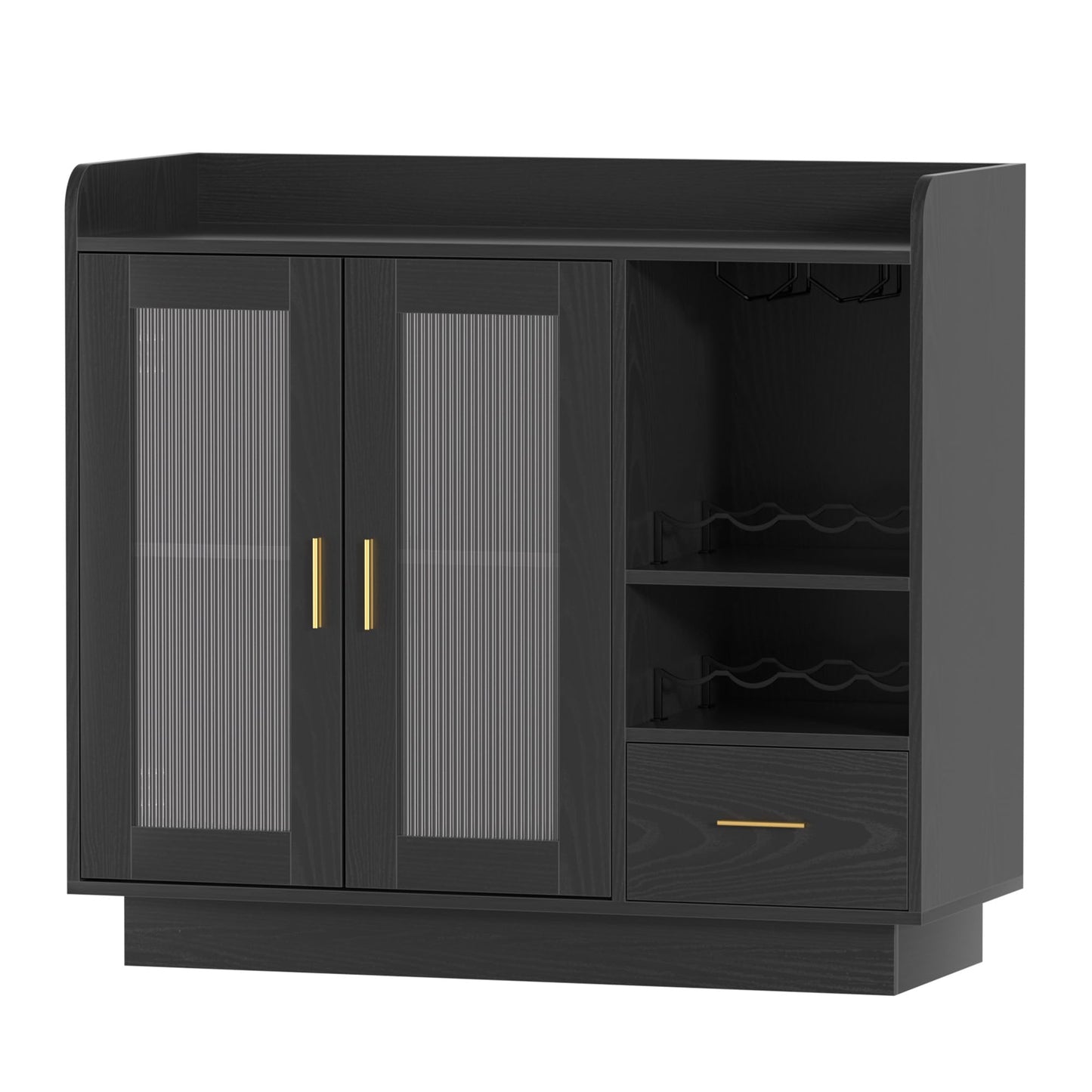 Wine Bar Cabinet with LED Light, Floating Coffee Cabinet with Wine and Glass Rack, Kitchen Buffet Sideboard with Glass Doors and Drawer, Modern Liquor Cabinet for Home, Kitchen, Living Room, Black